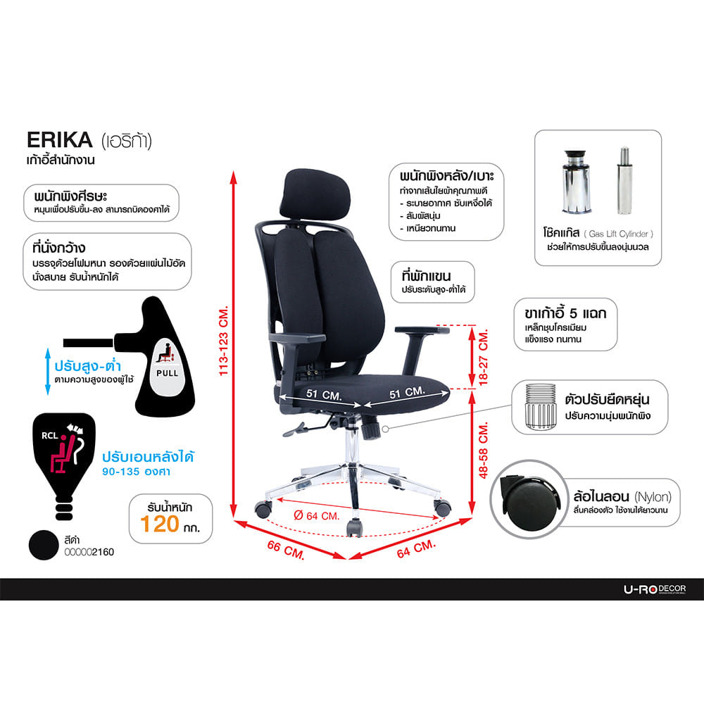 เก้าอี้สำนักงาน U-RO DECOR ERIKA สีดำ