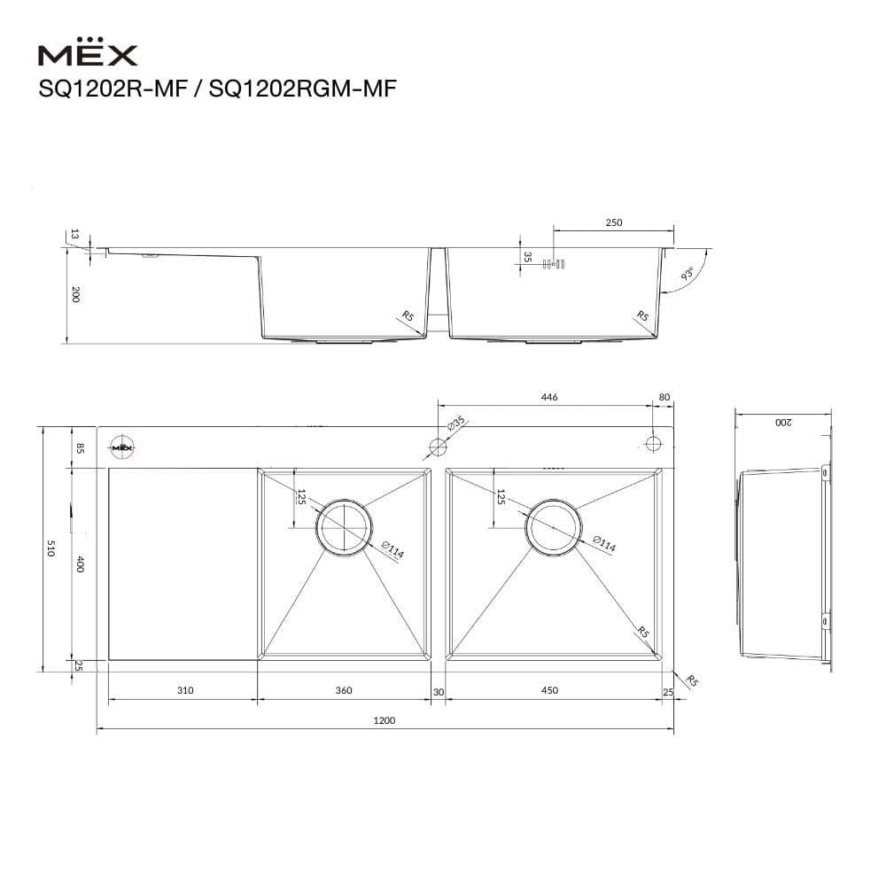 ซิงค์ฝัง 2 หลุม 1 ที่พัก MEX SQ1202R-MF สีเงิน