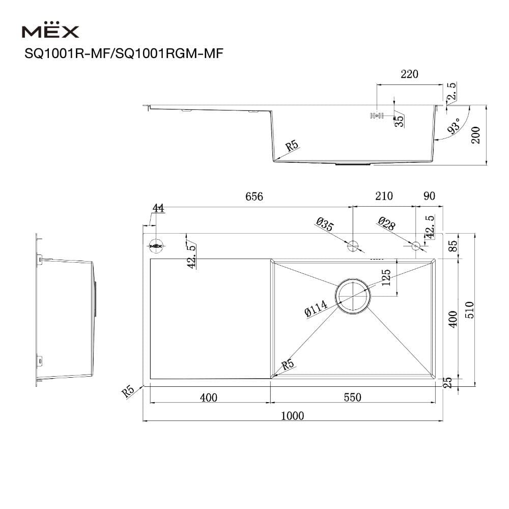 ซิงค์ฝัง 1 หลุม 1 ที่พัก MEX SQ1001R-MF สีเงิน