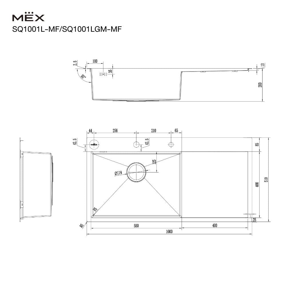 ซิงค์ฝัง 1 หลุม 1 ที่พัก MEX SQ1001L-MF สีเงิน