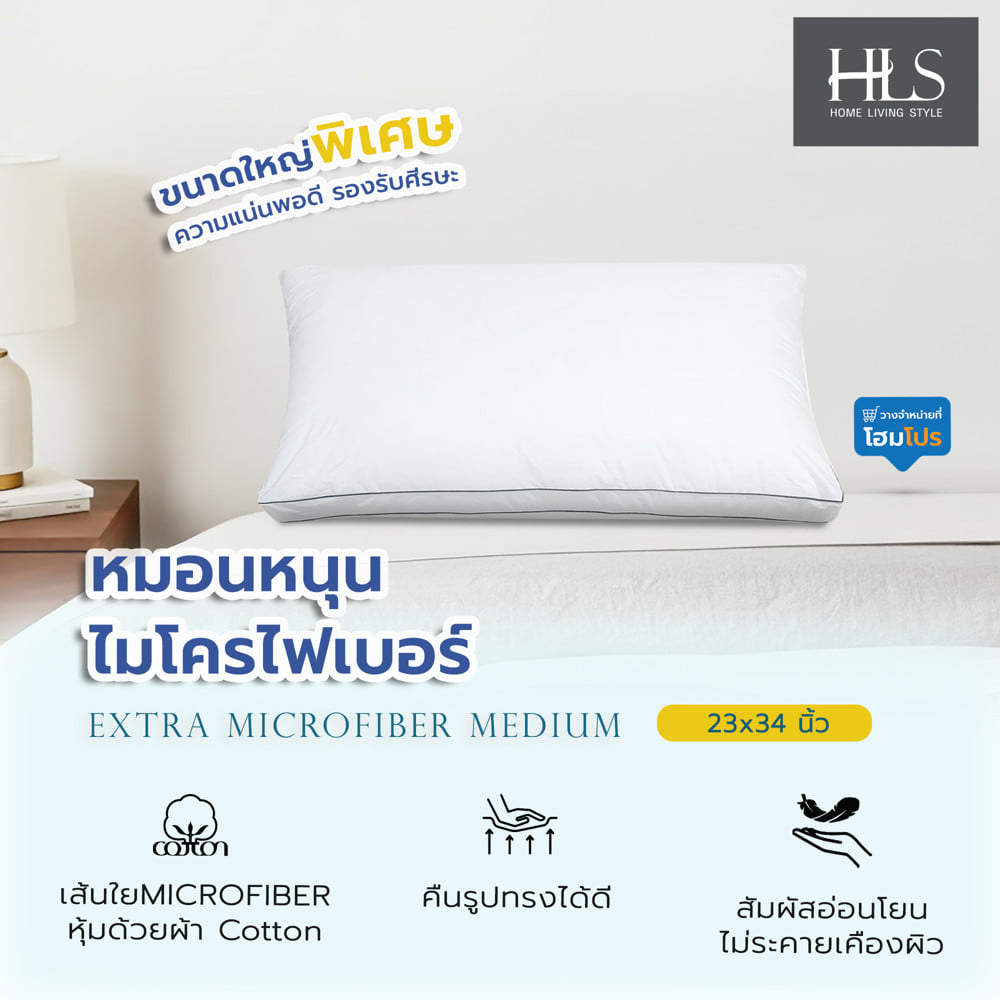 หมอนหนุน ไมโครไฟเบอร์ HOME LIVING STYLE EXTRA MEDIUM 23x34 นิ้ว สีขาว