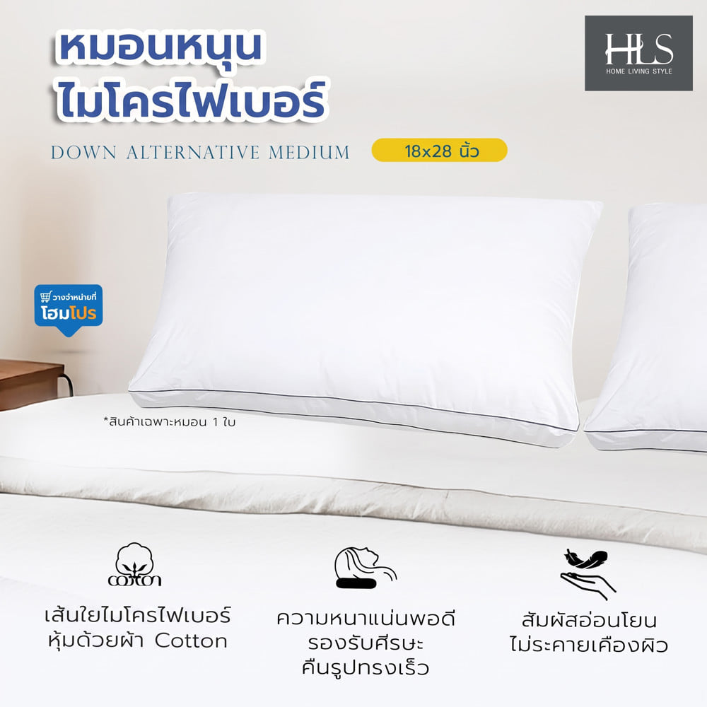 หมอนหนุน ไมโครไฟเบอร์ HOME LIVING STYLE MEDIUM 18x28 นิ้ว สีขาว