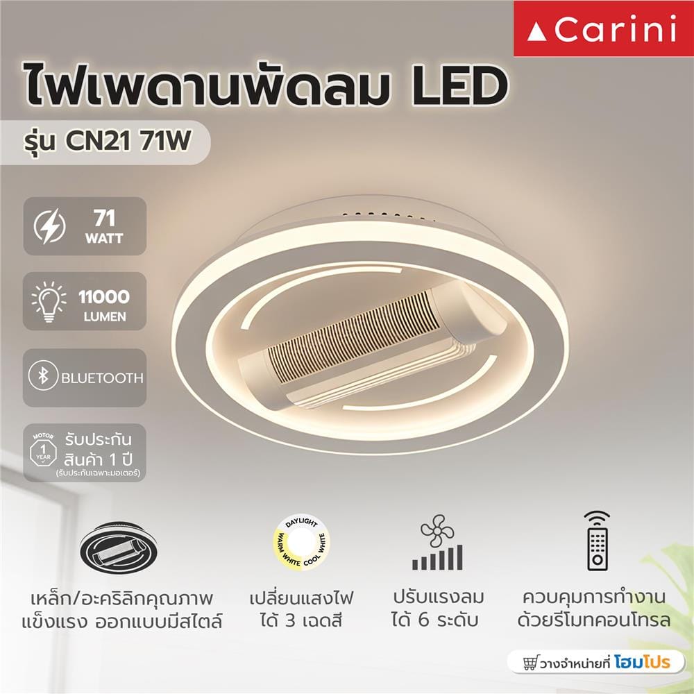 ไฟเพดานพัดลม LED CARINI CN21-6011WH 71 วัตต์ 22 นิ้ว สีขาว