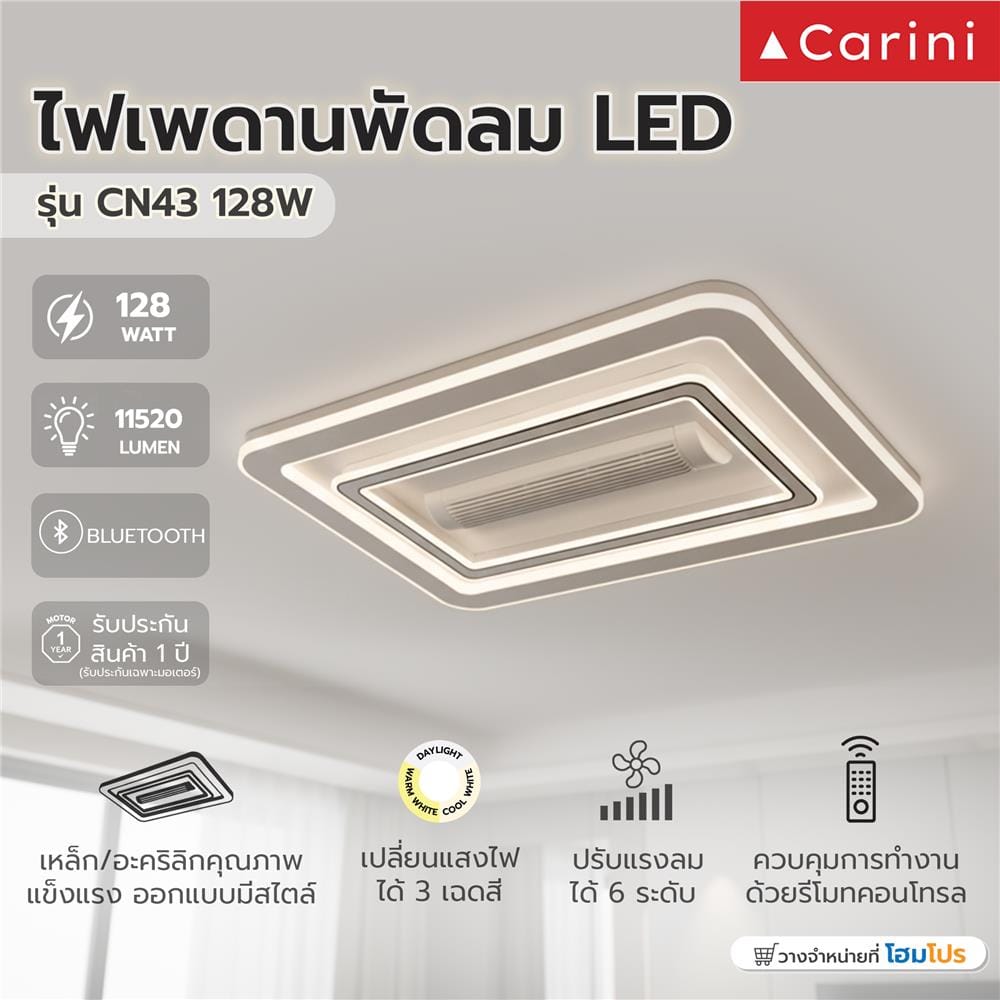 ไฟเพดานพัดลม LED CARINI CN43-6012WH 128 วัตต์ 43 นิ้ว สีขาว