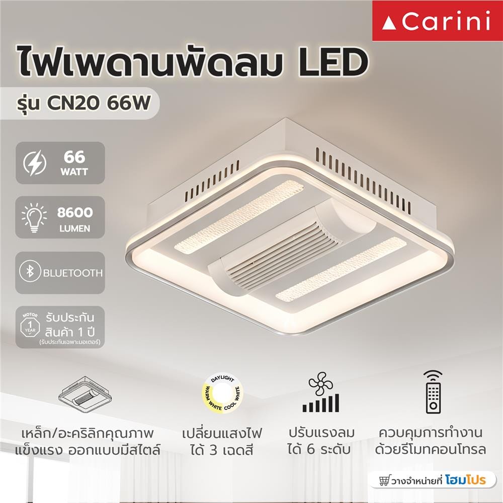 ไฟเพดานพัดลม LED CARINI CN20-6010WH 66 วัตต์ 20 นิ้ว สีขาว