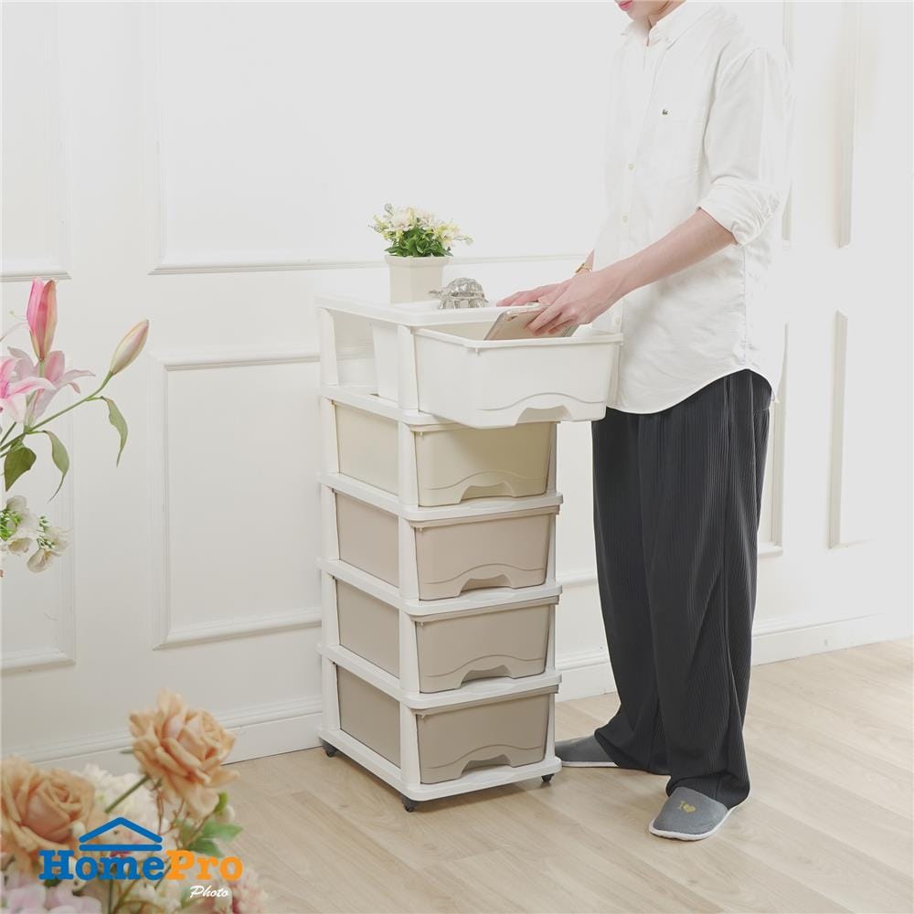 ตู้ลิ้นชัก 5 ชั้น STACKO KURI 33x43.5x96 ซม. สีขาว/น้ำตาล