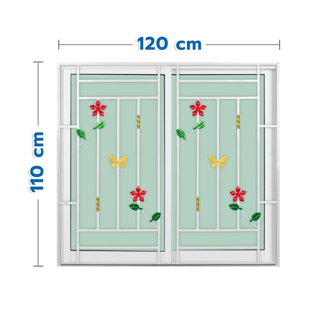 หน้าต่างบานเลื่อนอะลูมิเนียม พร้อมมุ้งลวดและเหล็กดัด S-S KPA ดอกไม้แดง 120x110 ซม. สีขาว