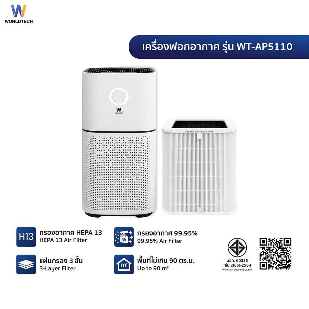 เครื่องฟอกอากาศ 90 ตร.ม. WORLDTECH WT-AP5110 สีขาว