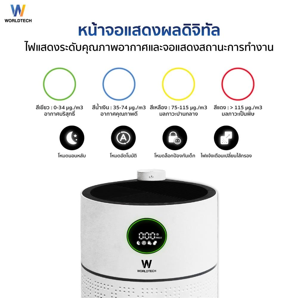 เครื่องฟอกอากาศ 70 ตร.ม. WORLDTECH WT-AP3408A สีขาว