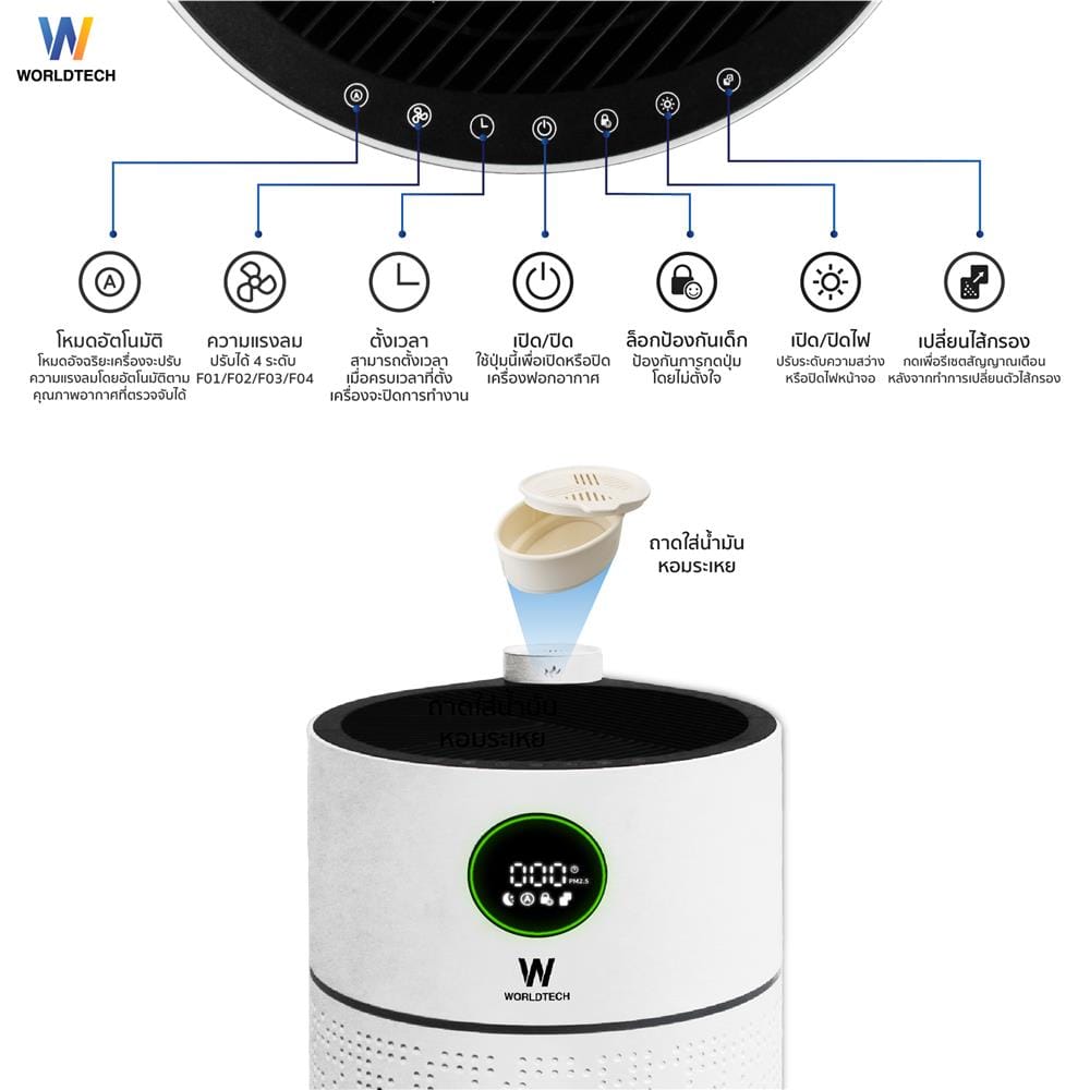เครื่องฟอกอากาศ 70 ตร.ม. WORLDTECH WT-AP3408A สีขาว