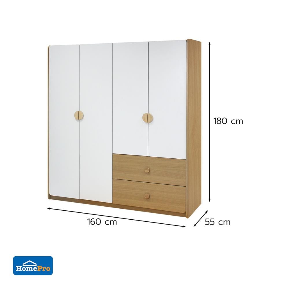 ตู้เสื้อผ้า 4 บานเปิด FURDINI MARU 160 ซม. สี NT OAK/ขาว