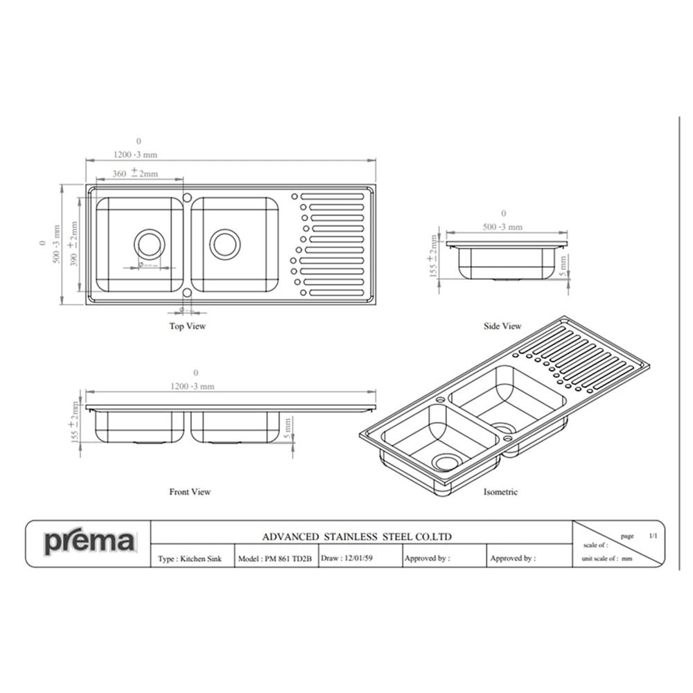ซิงค์ฝัง 2 หลุม 1 ที่พัก PREMA PM861TD2B 120 ซม. สีเงิน