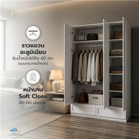 ตู้เสื้อผ้า 3 บานเปิด FURDINI HALO 120 ซม. สีขาว_5