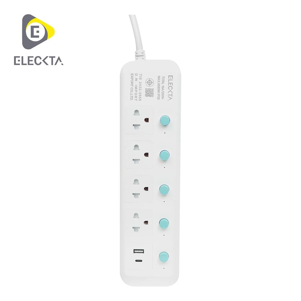 รางปลั๊กไฟ 4 ช่อง 5 สวิตซ์ 1 USB-A 1 USB-C ELECKTA 16 แอมป์ 3 ม._1