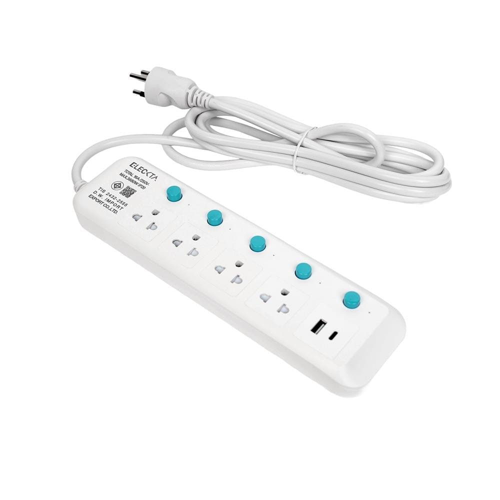 รางปลั๊กไฟ 4 ช่อง 5 สวิตซ์ 1 USB-A 1 USB-C ELECKTA 16 แอมป์ 3 ม.