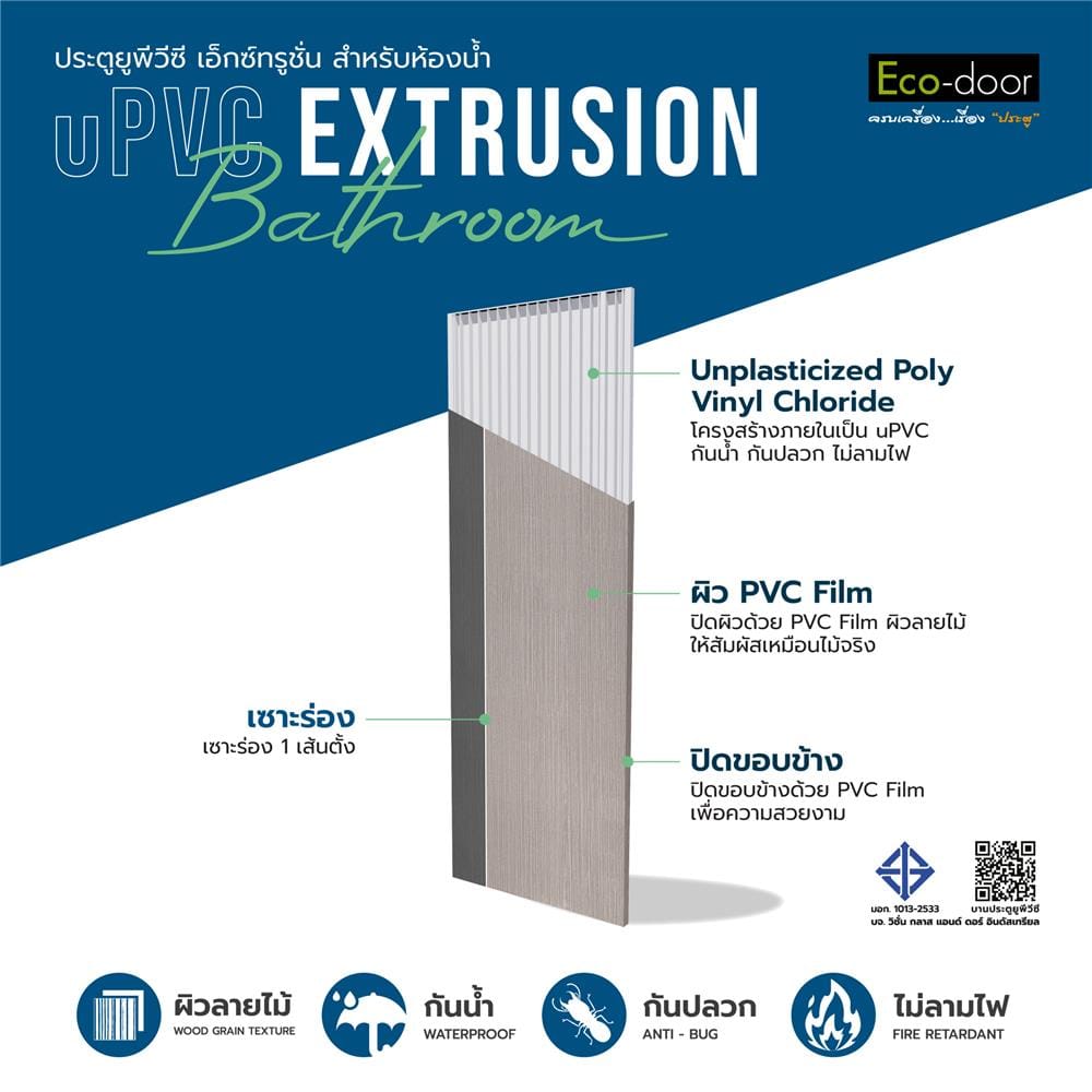 ประตูห้องน้ำ UPVC ไม่เจาะลูกบิด ECO-DOOR PB1 เซาะร่อง 70x180 ซม. สีเทา ทูโทน
