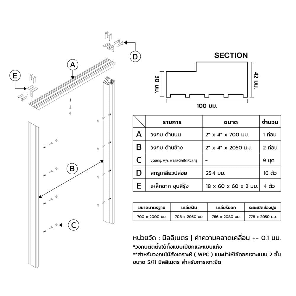 วงกบประตูไม้สังเคราะห์ WPC ECO-DOOR GVSM-100 70x200 ซม. สีเทา
