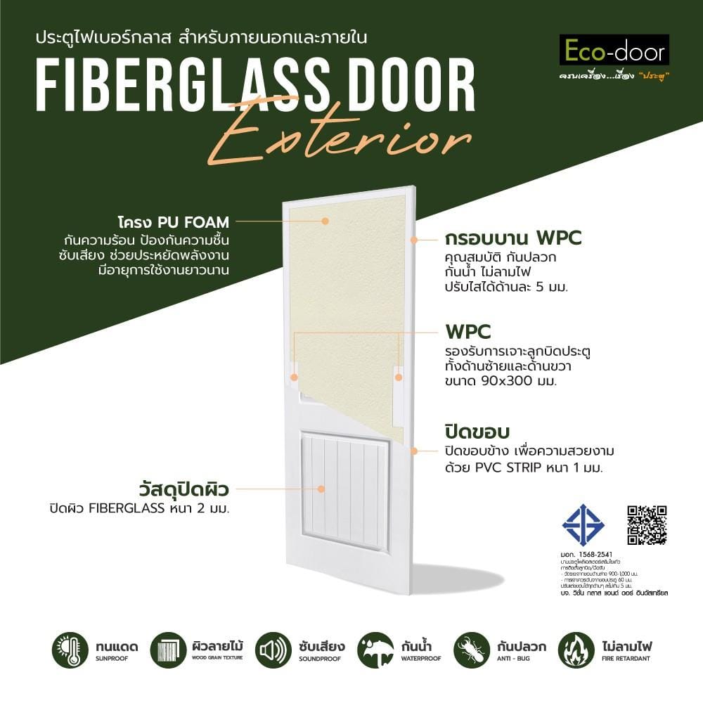 ประตูไฟเบอร์กลาส ไม่เจาะลูกบิด ECO-DOOR 2P 80x200 ซม. สีขาว