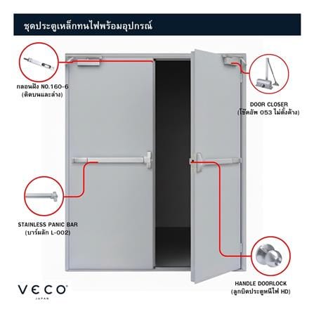 ชุดประตูเหล็กทนไฟ กระจกเสริมลวด VECO 180x200 ซม. สีเทา_1