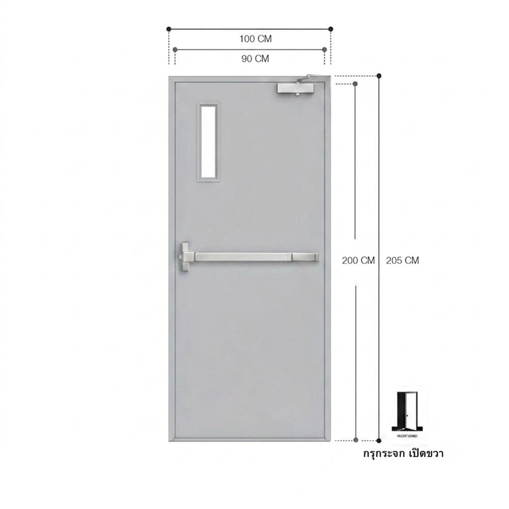ชุดประตูเหล็กทนไฟ กระจก VECO 90x200 ซม. สีเทา (เปิดด้านขวา ออกด้านนอก)