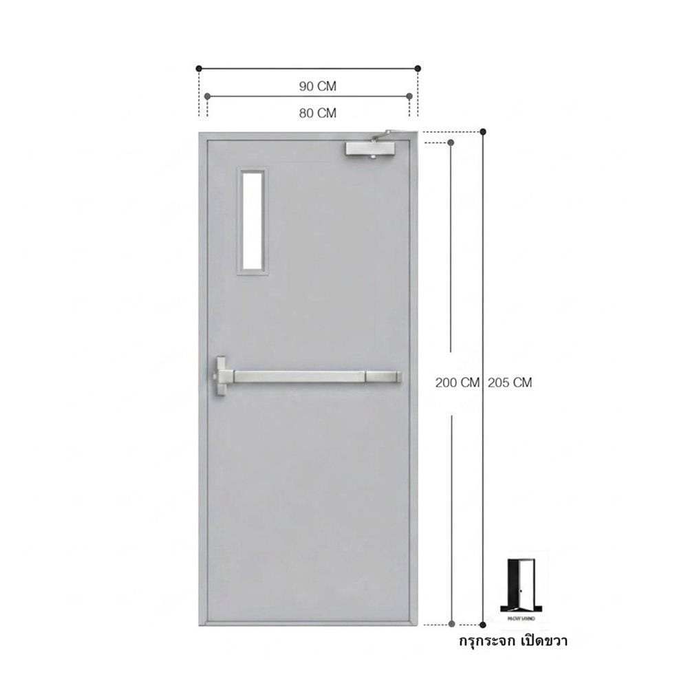 ชุดประตูเหล็กทนไฟ กระจก VECO 80x200 ซม. สีเทา (เปิดด้านขวา ออกด้านนอก)