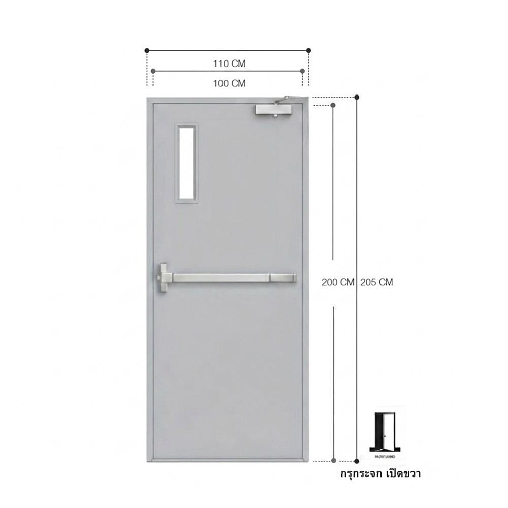 ชุดประตูเหล็กทนไฟ กระจก VECO 100x200 ซม. สีเทา (เปิดด้านขวา ออกด้านนอก)