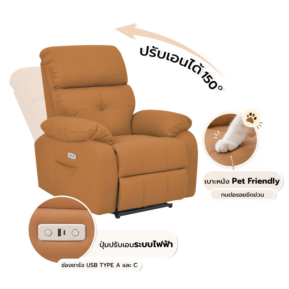 เก้าอี้ปรับนอนไฟฟ้า FURDINI CHARLIE/PET FRIENDLY สีน้ำตาล_1