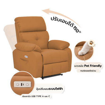 เก้าอี้ปรับนอนไฟฟ้า FURDINI CHARLIE/PET FRIENDLY สีน้ำตาล_0