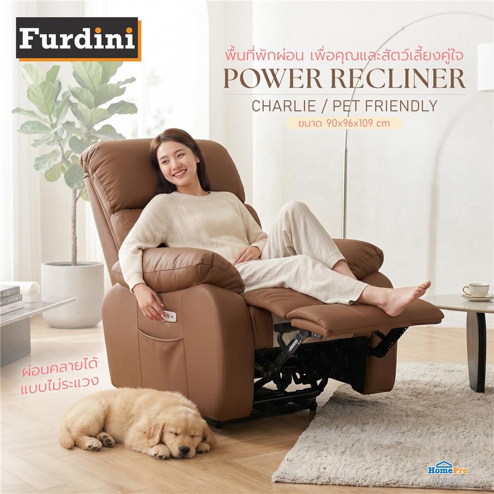 เก้าอี้ปรับนอนไฟฟ้า FURDINI CHARLIE/PET FRIENDLY สีน้ำตาลเข้ม