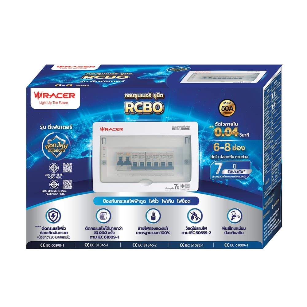 ชุดตู้คอนซูมเมอร์ยูนิต 6 ช่อง 50 แอมป์ พร้อมกันดูด RCBO RACER DEFENDER