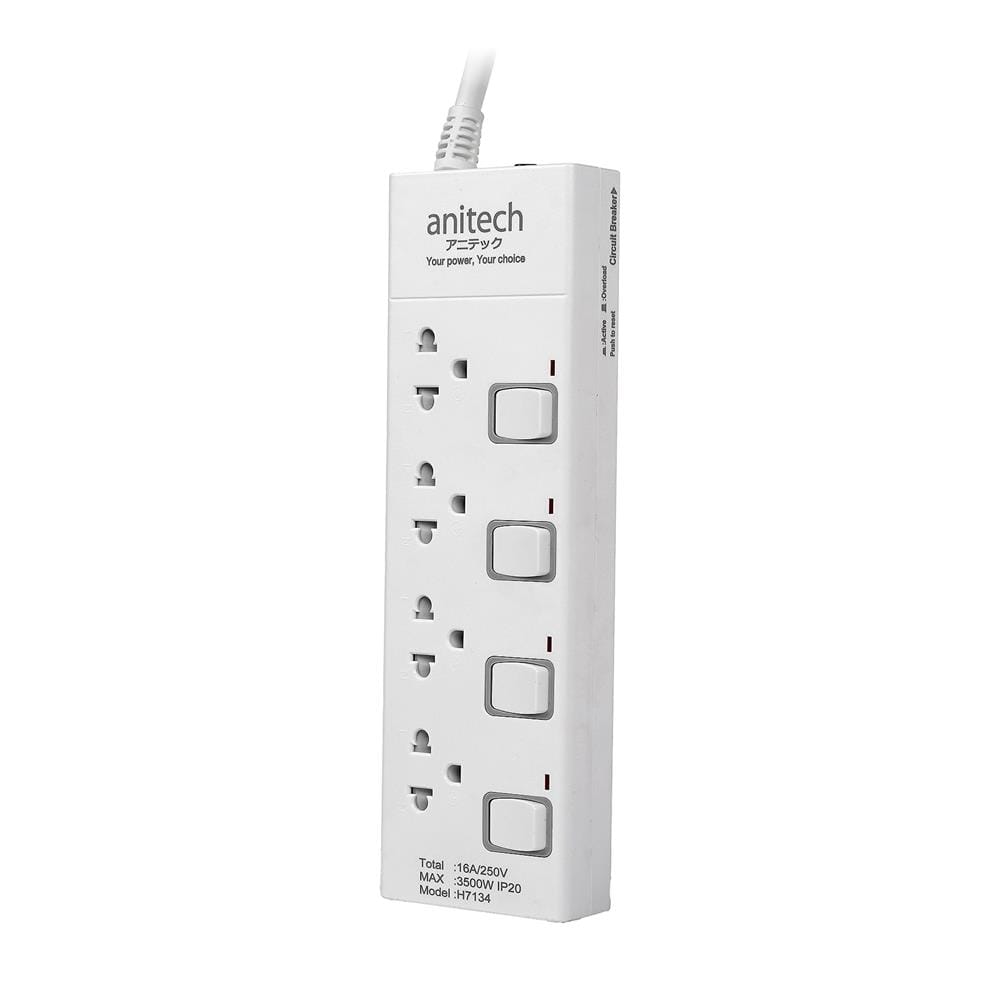 รางปลั๊กไฟ 4 ช่อง 4 สวิตช์ ANITECH H7134 16 แอมป์ 3 ม.