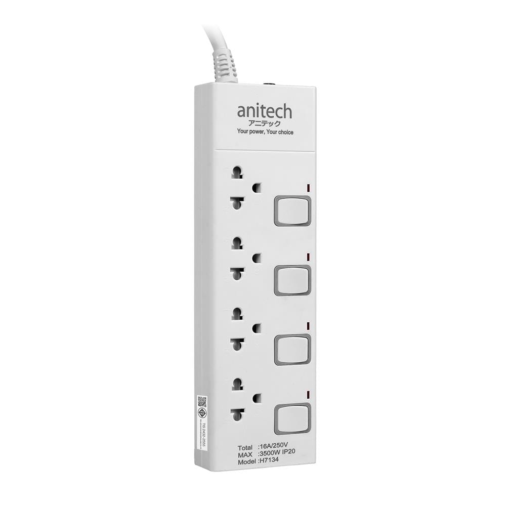 รางปลั๊กไฟ 4 ช่อง 4 สวิตช์ ANITECH H7134 16 แอมป์ 3 ม.
