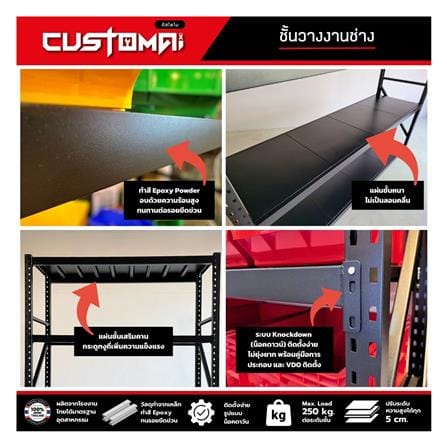 ชั้นเหล็ก 4 ชั้น CUSTOMAI STANDARD SET PEG SIZE XL 1.2 เมตร สีดำ_5