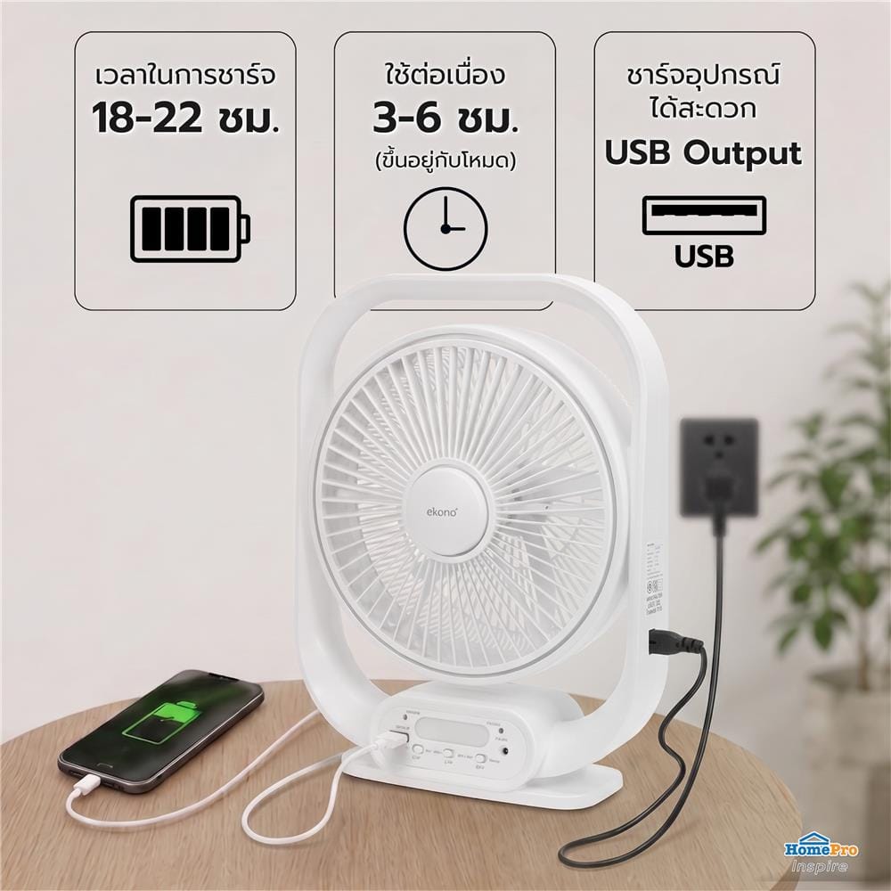 พัดลมพกพา 12 นิ้ว EKONO EK-PTB03 สีขาว