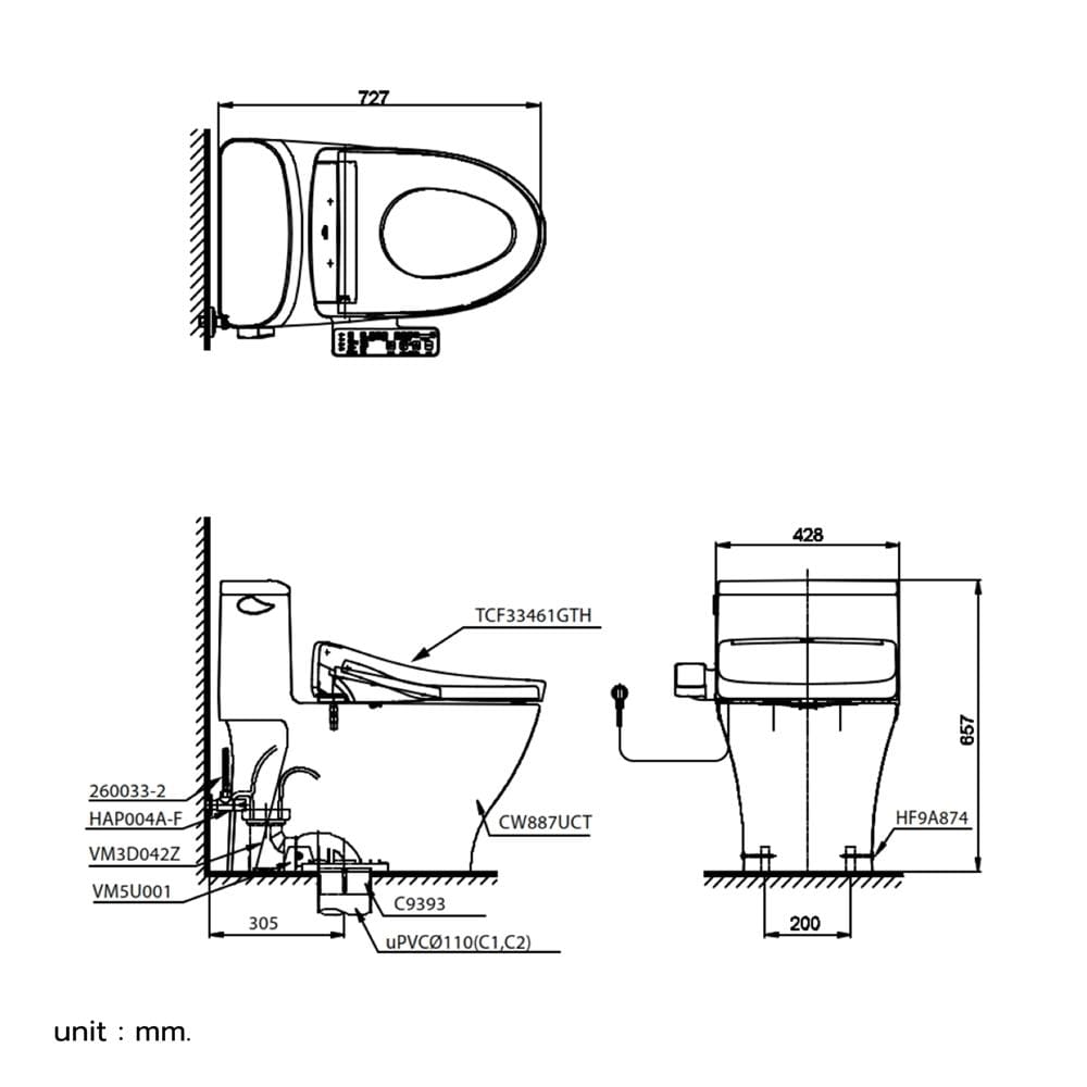 สุขภัณฑ์ 1 ชิ้น พร้อมฝารองนั่งอัตโนมัติ TOTO WASHLET S2 (CW887SW2) 4.8 ลิตร สีขาว