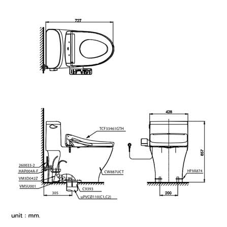 สุขภัณฑ์ 1 ชิ้น พร้อมฝารองนั่งอัตโนมัติ TOTO WASHLET S2 (CW887SW2) 4.8 ลิตร สีขาว_2