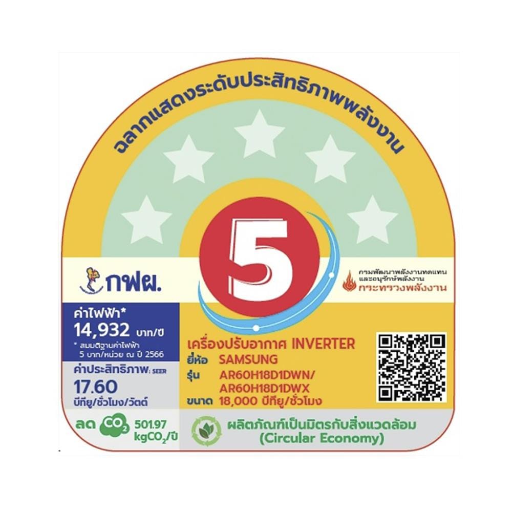 แอร์ผนัง SAMSUNG AR60H18D1DWNST 18,000 บีทียู อินเวอร์เตอร์