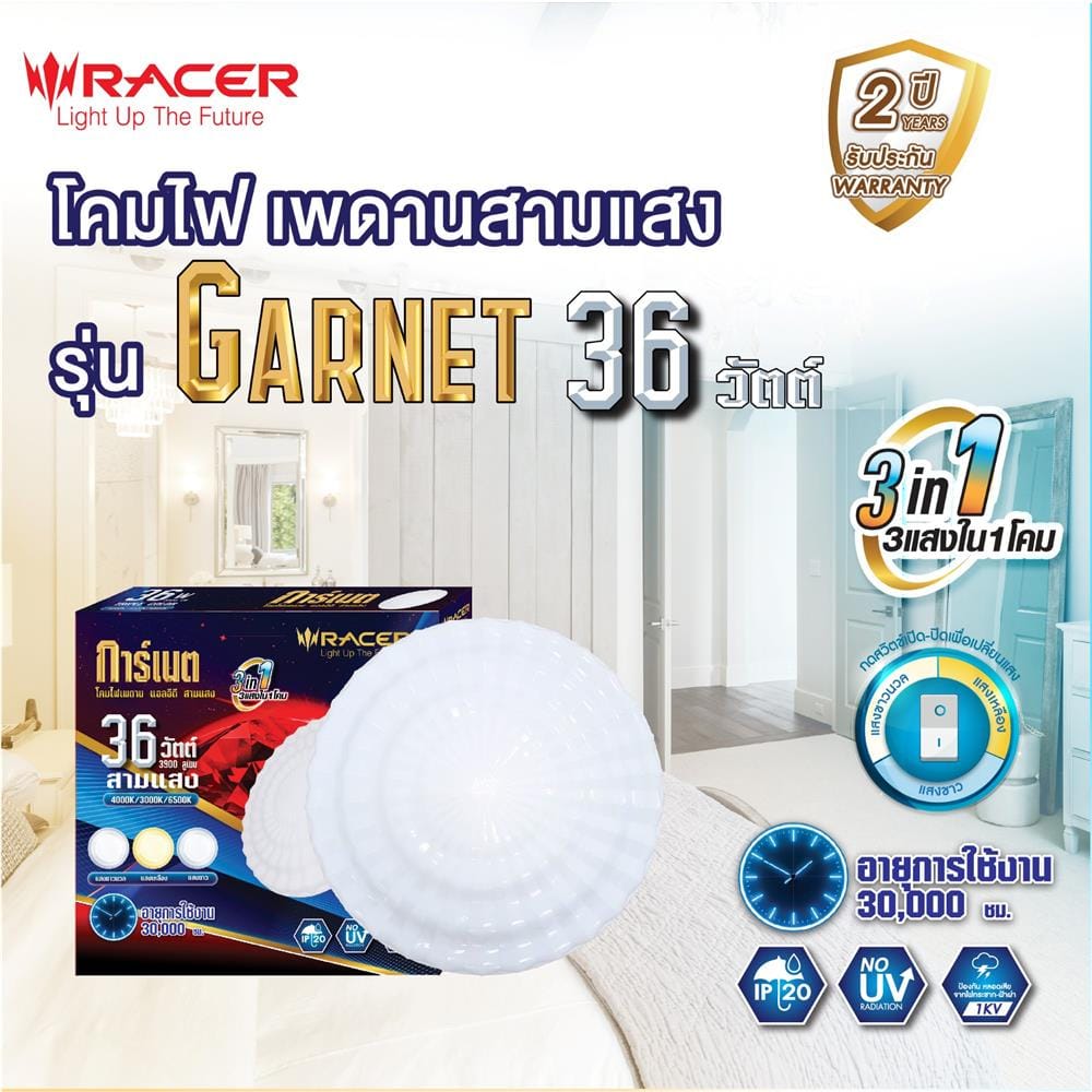 ไฟเพดาน LED RACER GARNET-03 15 นิ้ว 36 วัตต์ DAYLIGHT/COOL WHITE/WARM WHITE สีขาว