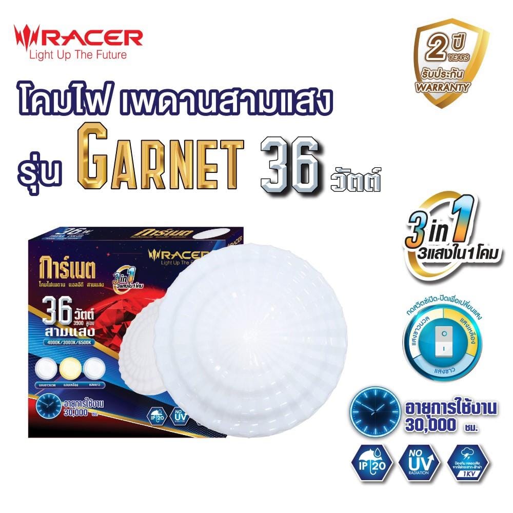 ไฟเพดาน LED RACER GARNET-03 15 นิ้ว 36 วัตต์ DAYLIGHT/COOL WHITE/WARM WHITE สีขาว