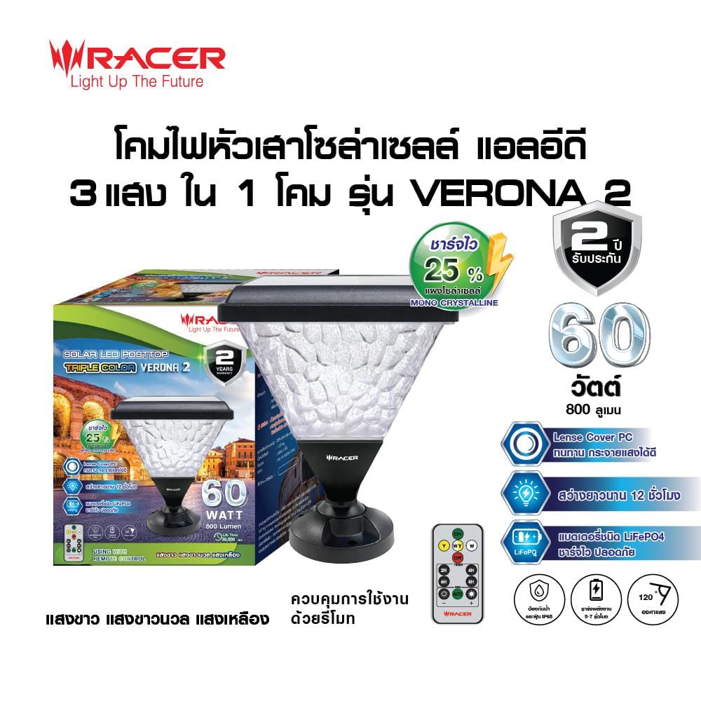 ไฟหัวเสา SOLAR RACER VERONA2 60 วัตต์ DAYLIGHT/COOL WHITE/WARM WHITE สีดำ