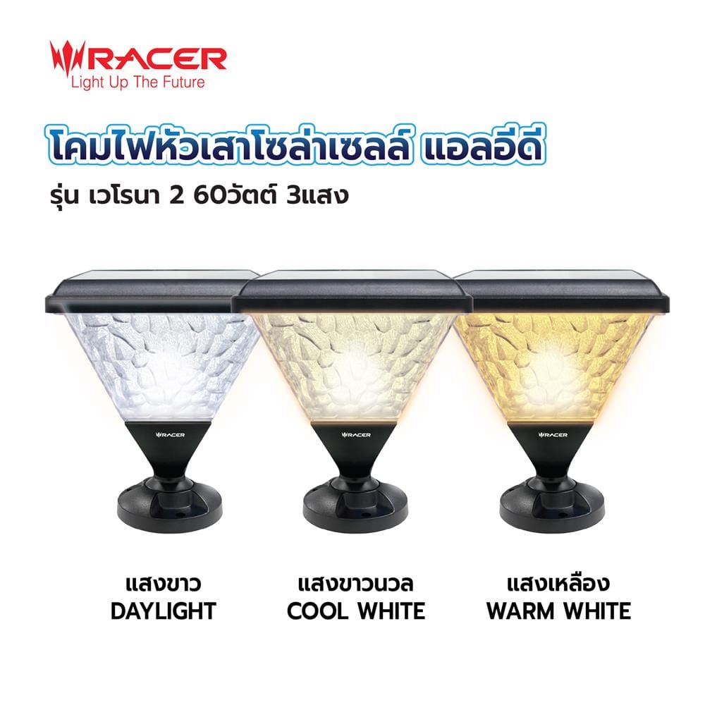 ไฟหัวเสา SOLAR RACER VERONA2 60 วัตต์ DAYLIGHT/COOL WHITE/WARM WHITE สีดำ