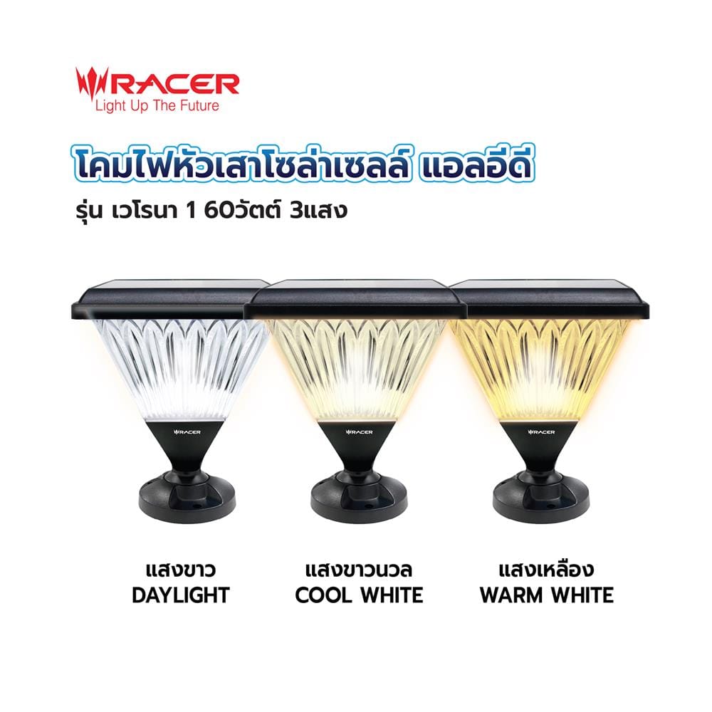 ไฟหัวเสา SOLAR RACER VERONA1 60 วัตต์ DAYLIGHT/COOL WHITE/WARM WHITE สีดำ