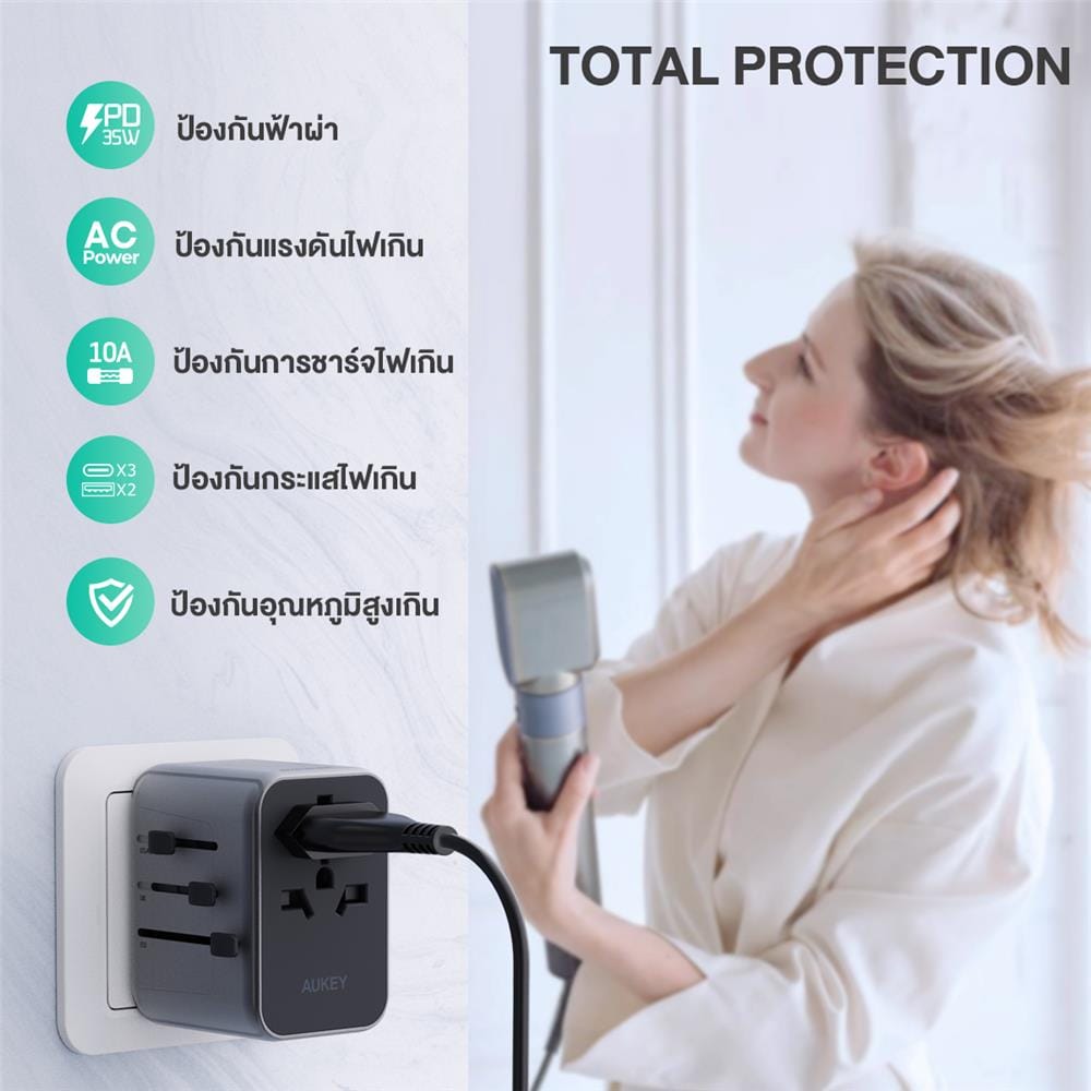ปลั๊กแปลง 4 IN 1 UNIVERSAL 2 USB A 2 TYPE C AUKEY PA-TA07 35 วัตต์ สีเทา