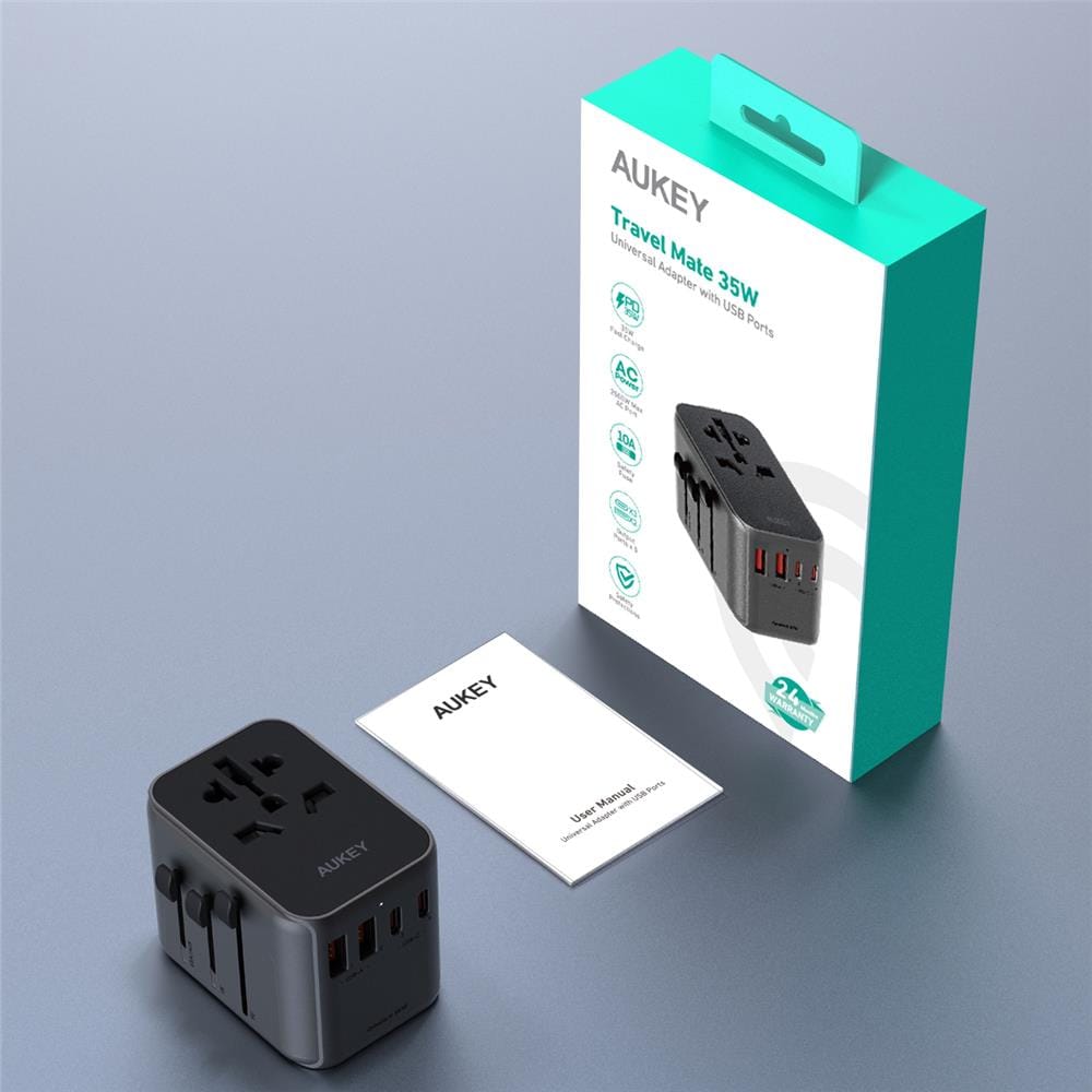 ปลั๊กแปลง 4 IN 1 UNIVERSAL 2 USB A 2 TYPE C AUKEY PA-TA07 35 วัตต์ สีเทา