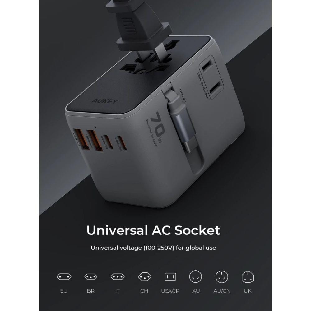 ปลั๊กแปลง 4 IN 1 UNIVERSAL 2 USB A 2 TYPE C AUKEY PA-TA14 70 วัตต์ สีเทา