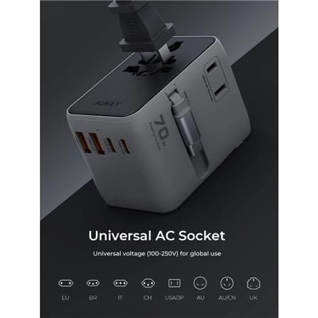 ปลั๊กแปลง 4 IN 1 UNIVERSAL 2 USB A 2 TYPE C AUKEY PA-TA14 70 วัตต์ สีเทา_2