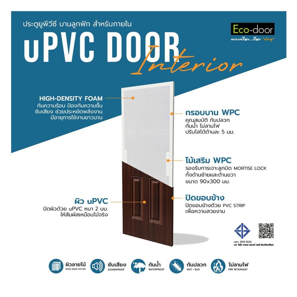 ประตูภายใน UPVC ไม่เจาะลูกบิด ECO-DOOR UPVC60 80x200 ซม. สีโอ๊ค