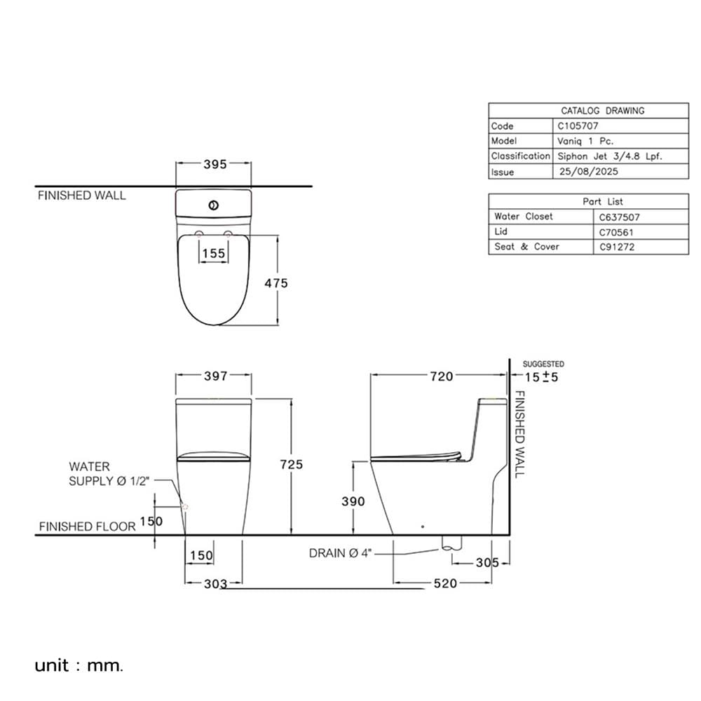 สุขภัณฑ์ 1 ชิ้น COTTO C105707 3/4.8 ลิตร สีขาว