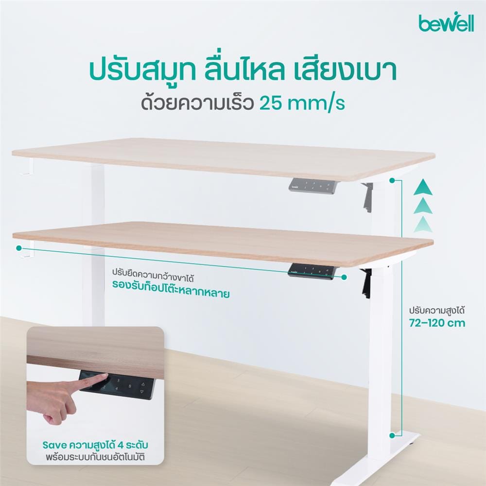 โต๊ะปรับระดับไฟฟ้า BEWELL TBS07-TOP07 150 ซม. สีไม้วอลนัท/ขาว
