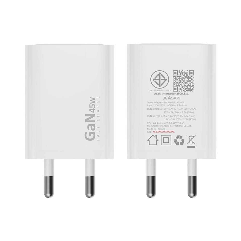 อะแดปเตอร์ USB-A และ TYPE C ASAKI A2440D 45W สีดำ
